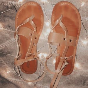 Strappy Tan Sandals w Gold Embellishments